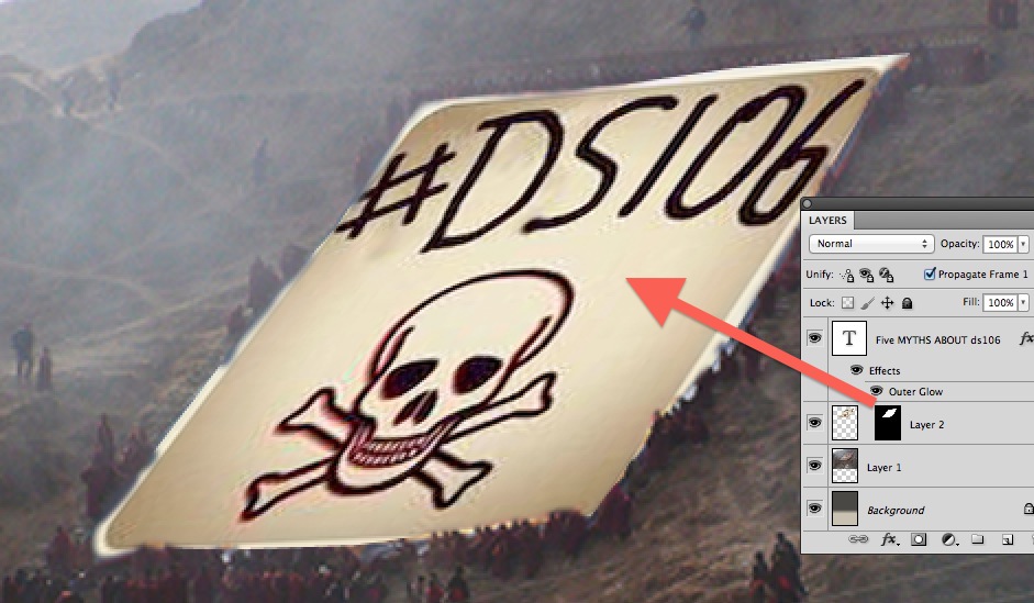 Photoshop Paste Special -- Paste Into puts the ds106 logo in the image witha Layer Mask